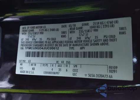 2018 Ford Escape Se из США, поврежденный, VIN 1FMCU9GD4JUC00612